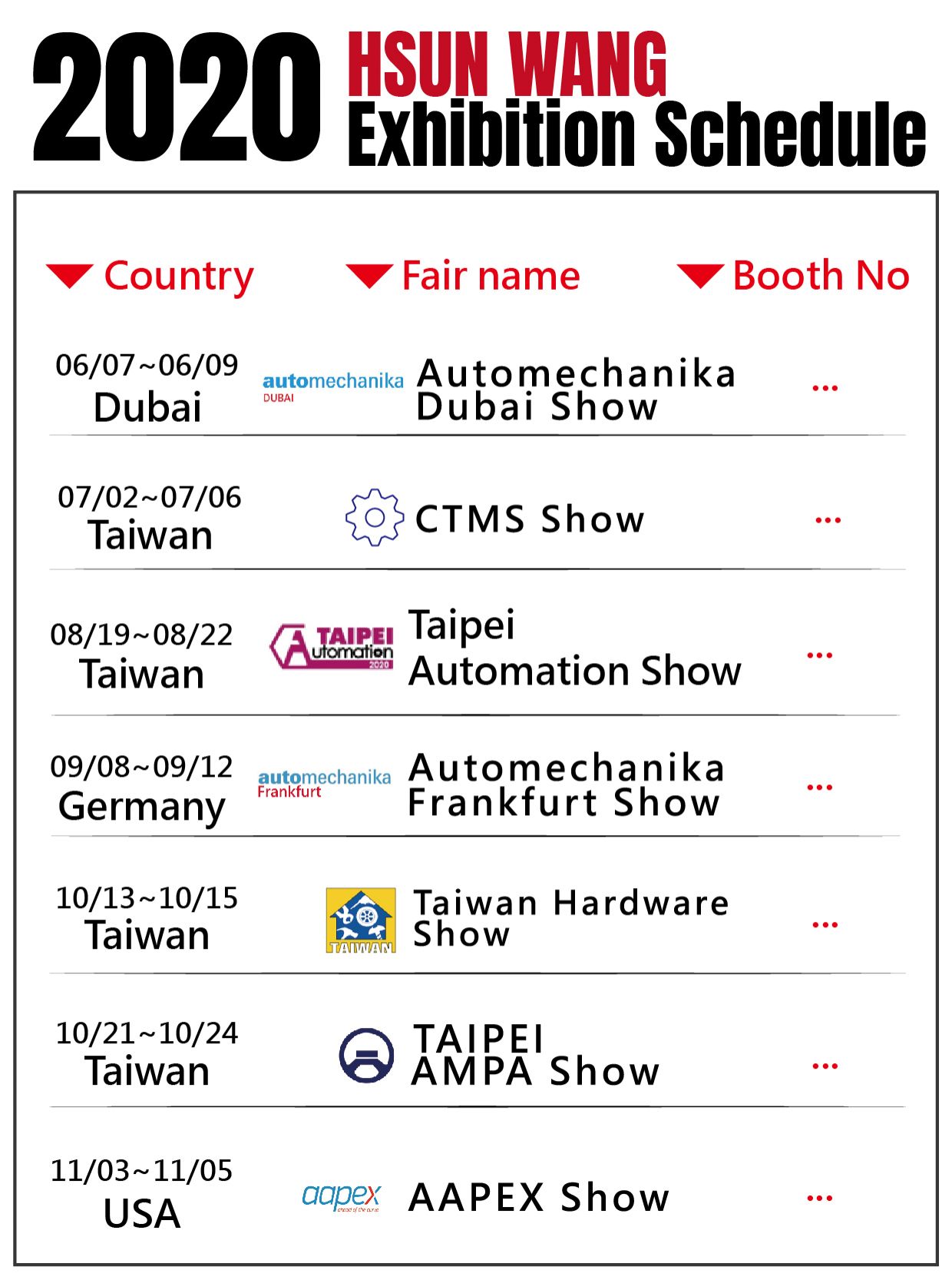 2019 Exhibition Schedule - News - HSUN WANG INDUSTRIAL CO., LTD