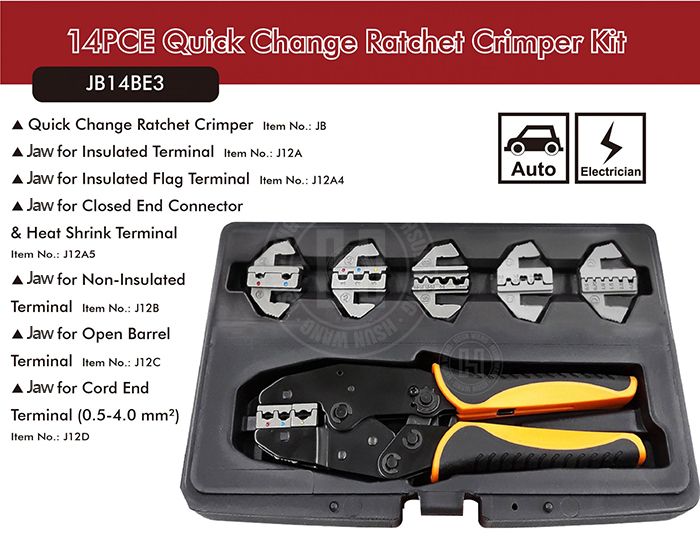 14PCE Quick Change Ratchet Crimper Kit-JB14BE3-Jaw-crimp-crimping-crimptool-crimpingtool-crimpwire-ferrulecrimp-ratchetcrimp-TaiwanManufacturer-hsunwang-licrim-hsunwang.com