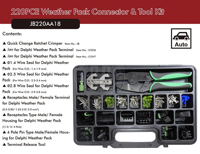 220PCE Weather Pack Connector Tool Kit JB220AA18-JB220AA18-Jaw-crimp-crimping-crimptool-crimpingtool-crimpwire-ferrulecrimp-ratchetcrimp-TaiwanManufacturer-hsunwang-licrim-hsunwang.com