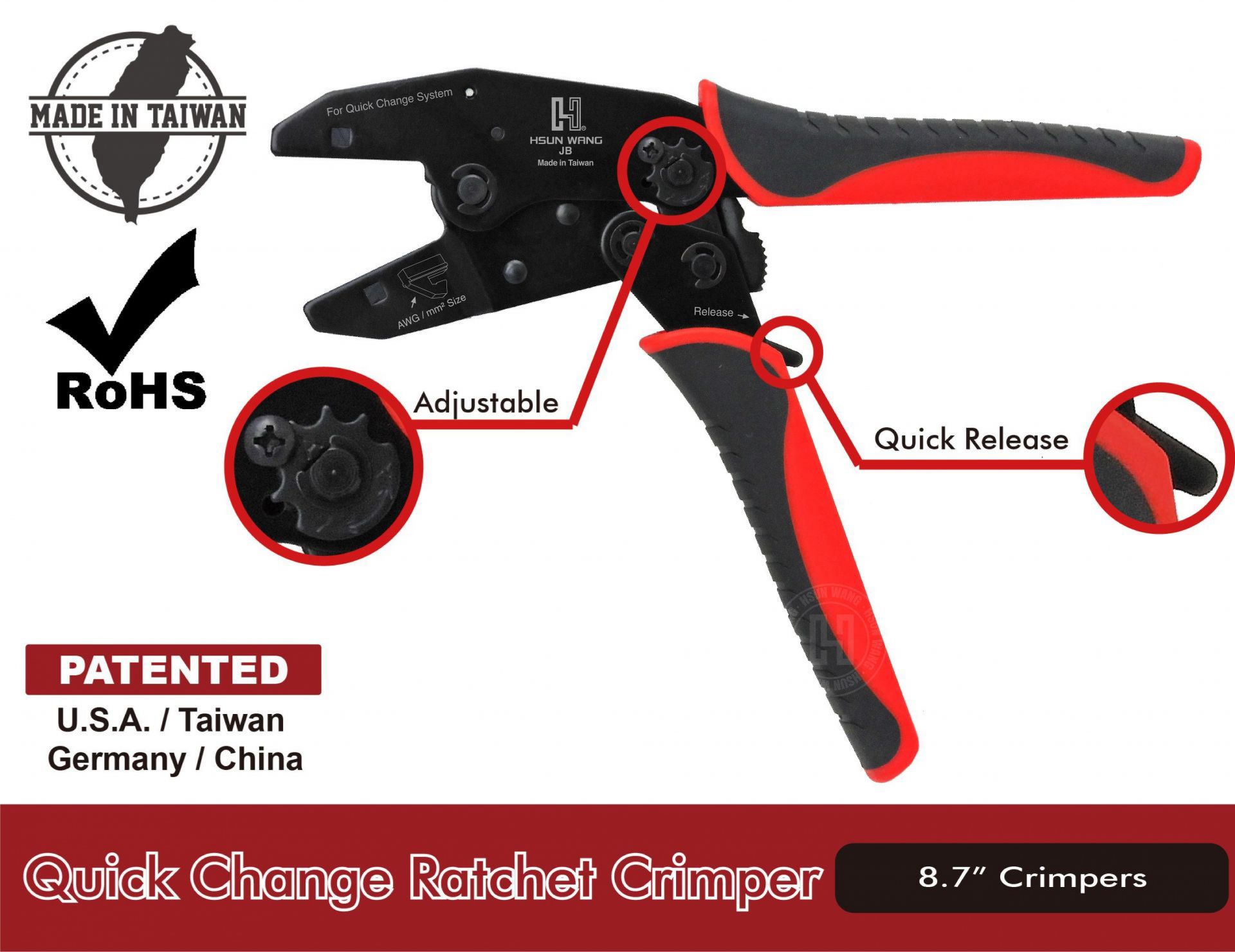Quick Change Ratchet Crimper JBI 
 licrim-JBI-Jaw-Waterproof-crimp-crimping-crimp tool-crimping tool-crimp wire-ferrule crimp-ratchet crimp-Taiwan Manufacturer-hsunwang-licrim-hsunwang.com

