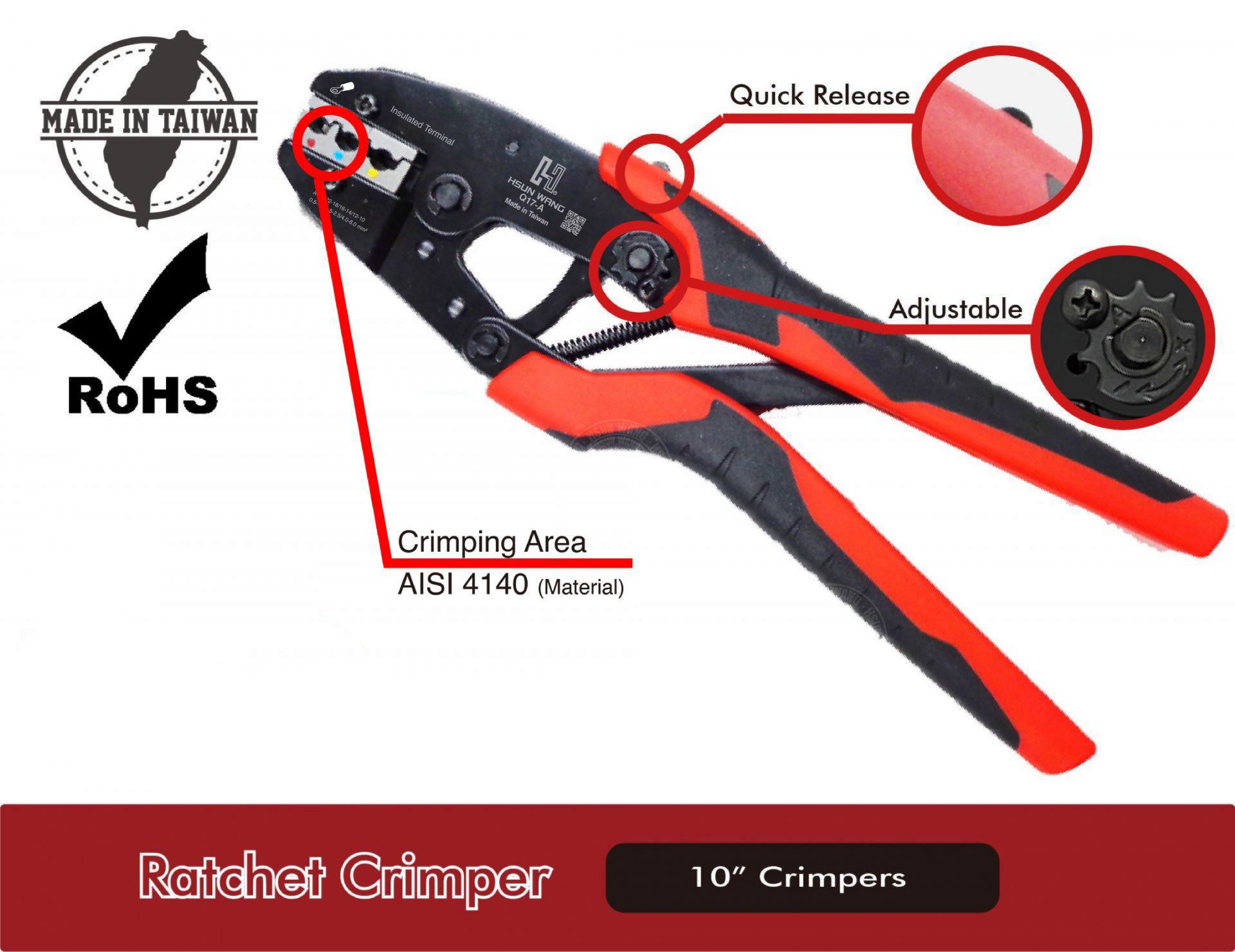The Q Series 10&amp;amp;amp;amp;quot; Fixed-Type Ratchet Crimper is a durable, professional-grade tool designed to handle a wide range of terminal types—including insulated, non-insulated, open barrel, solar, waterproof, TE, Yazaki, Anderson Power, and BNC connectors. With an efficient ratcheting mechanism, quick-release safety lever, and adjustable crimp force, this tool ensures precision and reliability for automotive, industrial, and solar wiring applications.