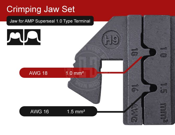 The J12JH9 Quick Change Crimping Jaw is designed for AMP Superseal 1.0 terminals, supporting AWG 18–16 (DIN 1.0–1.5 mm² / JIS 0.85–1.25 mm²).
It delivers stable and consistent crimping results for automotive wiring, wiring harness work, and general vehicle electrical connections.