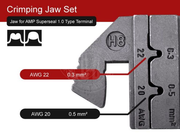 The J12JH8 Quick Change Crimping Jaw is designed for AMP Superseal 1.0 terminals, supporting AWG 22–20 (DIN 0.35–0.5 mm²) wire sizes.
It delivers stable and consistent crimping results for sealed automotive connections, ensuring secure and reliable performance in signal and low-current applications.