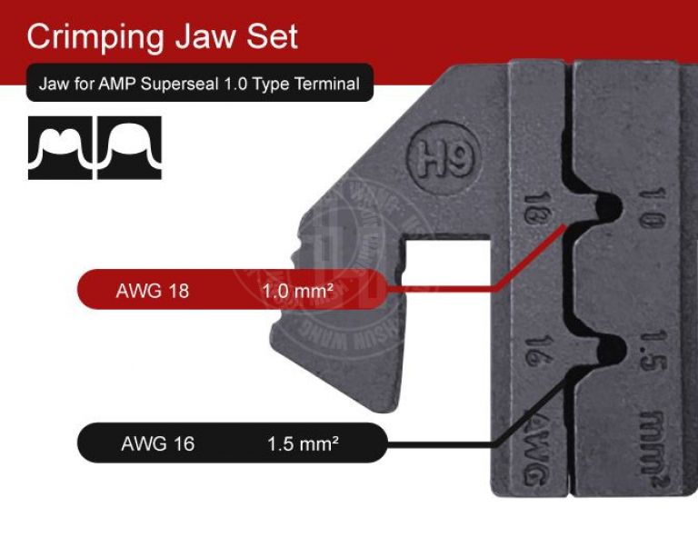 The J12JH9 Quick Change Crimping Jaw is designed for AMP Superseal 1.0 terminals, supporting AWG 18–16 (DIN 1.0–1.5 mm² / JIS 0.85–1.25 mm²).
It delivers stable and consistent crimping results for automotive wiring, wiring harness work, and general vehicle electrical connections.